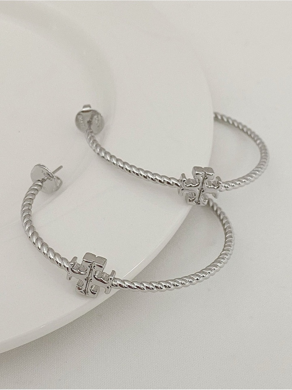 Tory Burch Silver Twisted Hoop Earrings with Logo Charm